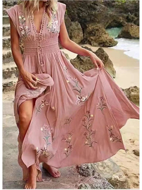 Elegant V Neck Sleeveless Floral Beach Dress for Women Casual Spring Summer Bohemian Style